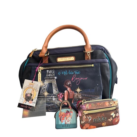 Nicole Lee USA CEst La Vie Bonjour Satchel Handbag W/ Polka Dot Lining & Matchin - Picture 2 of 12